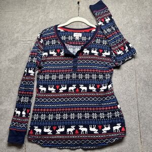 Lanz Blue Red White Reindeer Fair Isle Pajama Set Henley Top Pants Medium